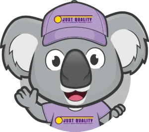 The Just Quality company mascot, a smiling and waving koala with a purple shirt and hat